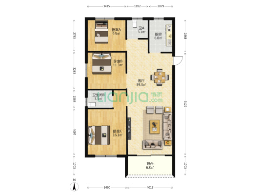 荣信新城公馆 3室1厅2卫 125平方