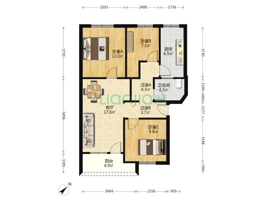 有色金属研究院东生活区 3室1厅1卫 86平方