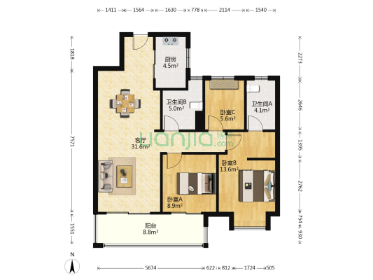 融创·翰江府 3室1厅2卫 104平方