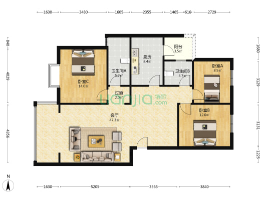 兴盛世家C区 3室1厅2卫 117平方