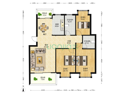 池海小区 3室1厅2卫 122平方