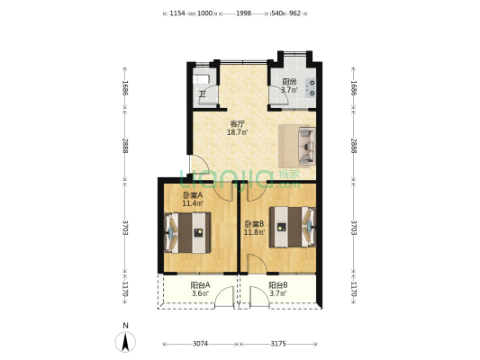 客货运输公司宿舍 2室1厅1卫 55平方