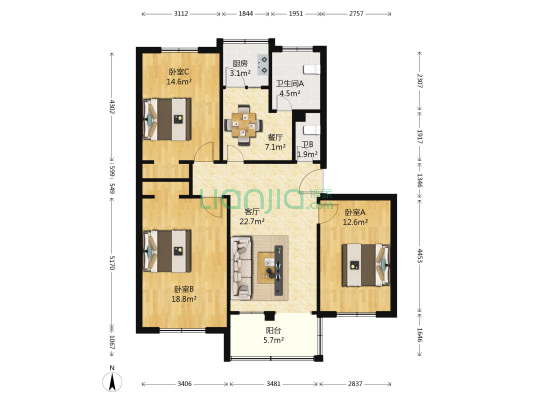 凌云路14号 3室2厅2卫 115平方