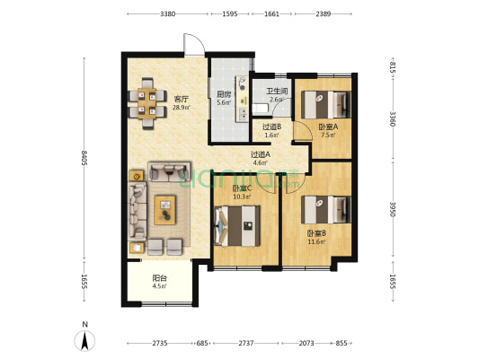 美的果园里 3室1厅1卫 107平方