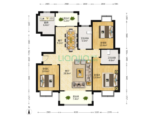 尚锦庭苑 3室2厅2卫 127平方