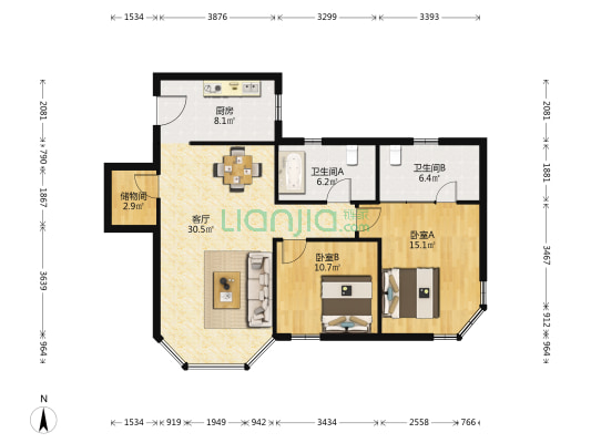 四方新城 2室1厅2卫 112平方