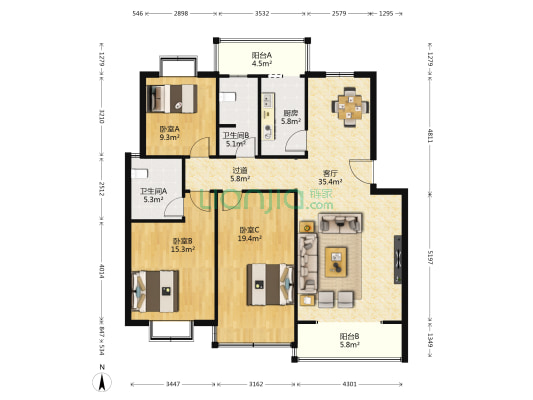 金杯星苑二期 3室1厅2卫 130平方