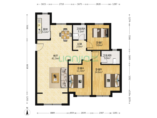 锦绣城朗园 3室1厅2卫 126平方