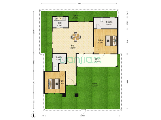 青山湖玫瑰园 2室1厅2卫 99平方
