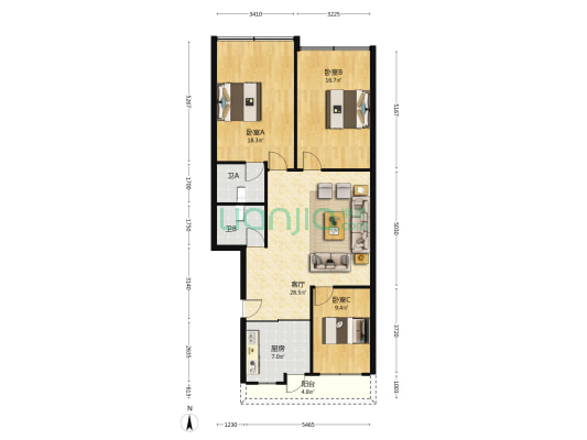 龙新嘉园 3室1厅2卫 120平方