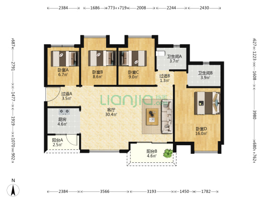 弘阳德商昕悦府 4室1厅2卫 111平方