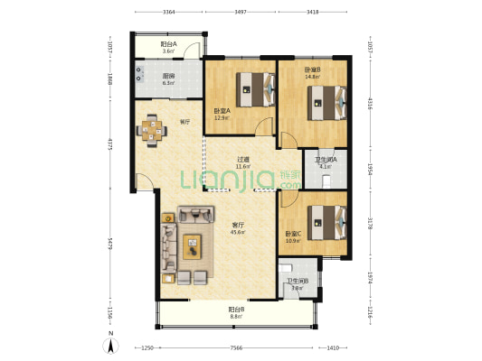 民和南街15号 3室1厅2卫 139平方