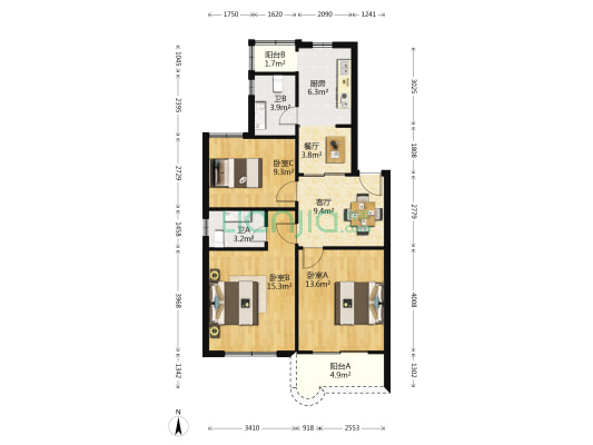 欣源公寓 3室2厅2卫 87平方