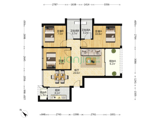 玖玖颂阁 3室1厅2卫 88平方