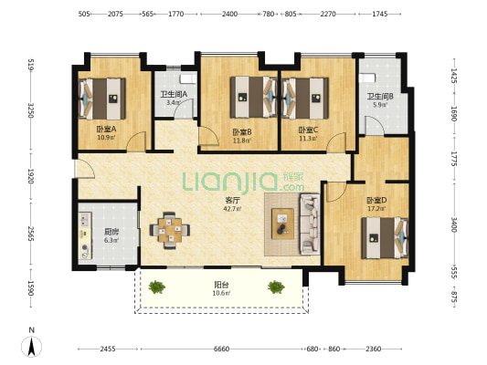 金地香山湖香沁花园 4室1厅2卫 143平方