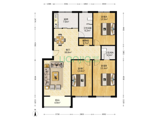 晨光花苑 3室1厅2卫 129平方