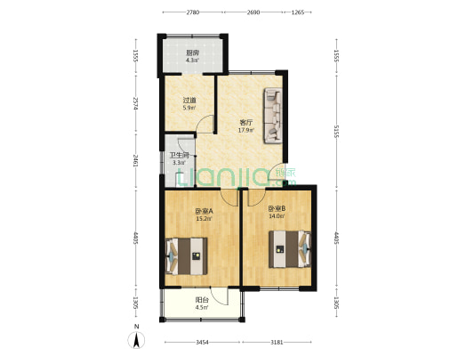 送变电宿舍 2室1厅1卫 74平方