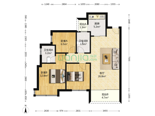 茶山碧桂园 3室1厅2卫 96平方