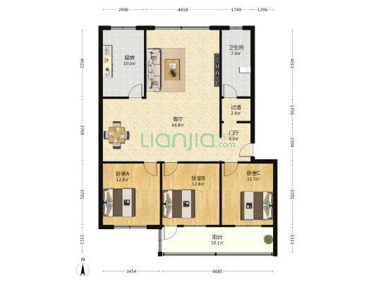 洛杉矶小区 3室1厅1卫 140平方