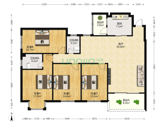 翔龙小区 4室1厅2卫 144平方