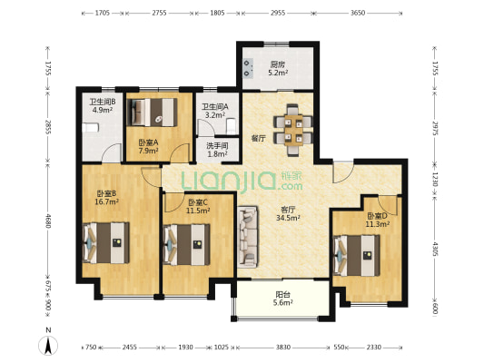 万科观湖礼著一期 4室1厅3卫 134平方