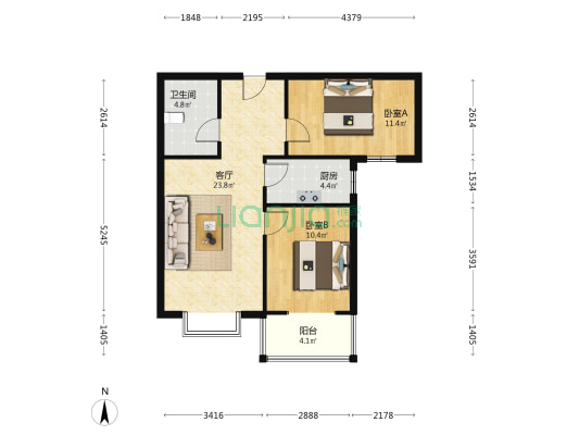 精装修 南2居 次顶层 拎包入住 满二 看房方便-户型图