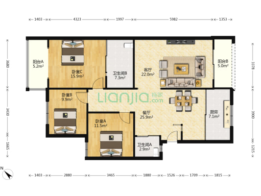 华意苑 3室2厅2卫 130平方