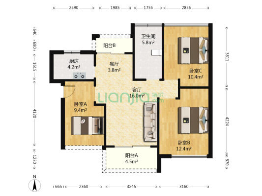 德丰凯旋城北区 3室2厅1卫 76平方