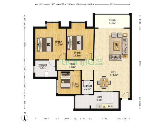江山里 3室1厅2卫 117平方