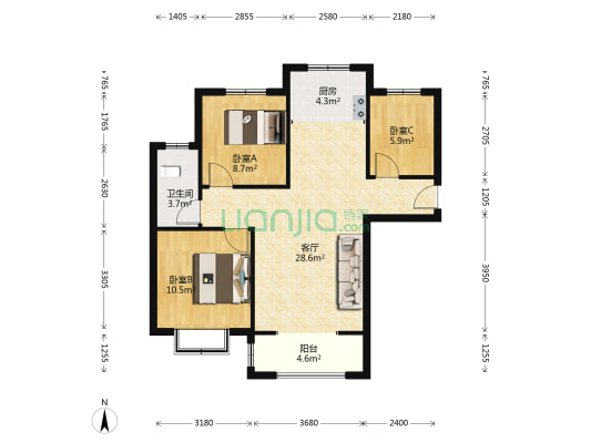 精装修三居，家具家电齐全，拎包入住-户型图