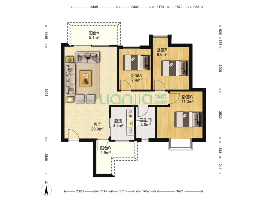 逸翠园 3室1厅1卫 90平方