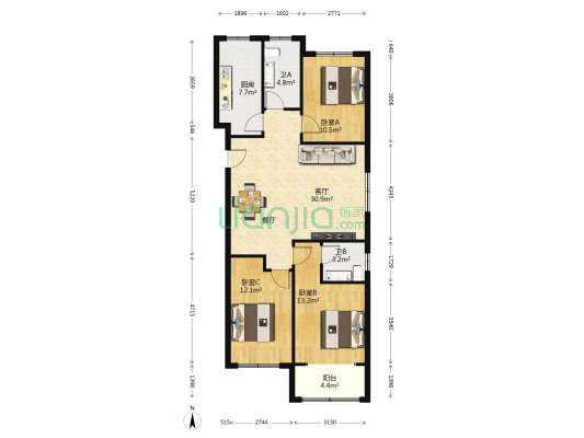 新湖居 3室1厅2卫 135平方