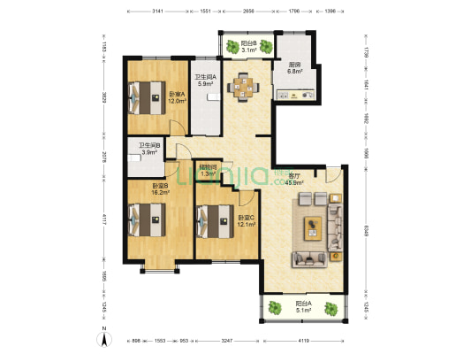 华锦园 3室1厅2卫 144平方