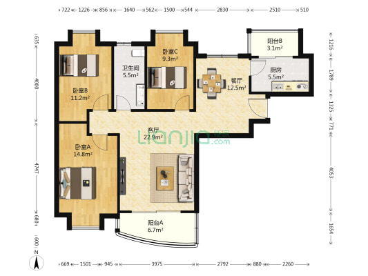 香缇丽舍 3室2厅1卫 114平方