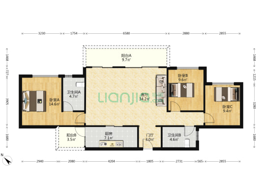中国铁建西派金沙 3室1厅2卫 130平方