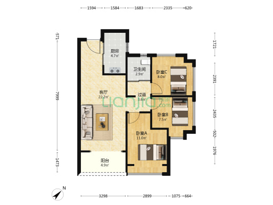 保利招商龙誉 3室1厅1卫 82平方