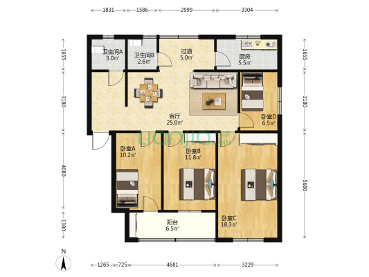 电影公司卉木林院 4室1厅2卫 114平方