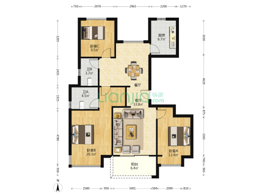 豫发国园捌号院 3室1厅2卫 128平方