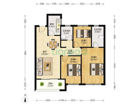 招商海门国际 3室1厅2卫 106平方