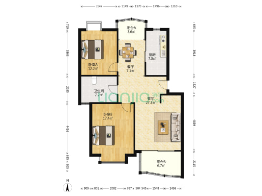 恺源景江苑 2室2厅1卫 101平方