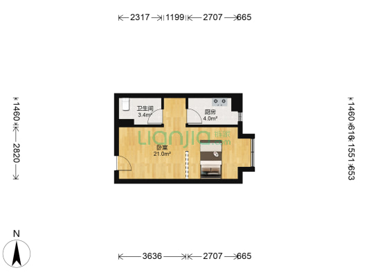 鑫苑城二号院 1室0厅1卫 44平方