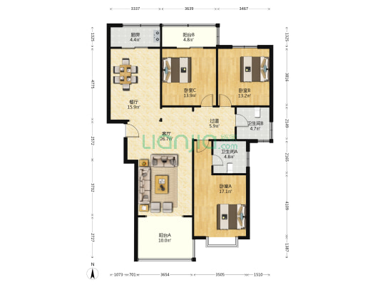 中铁嘉园 3室2厅2卫 161平方