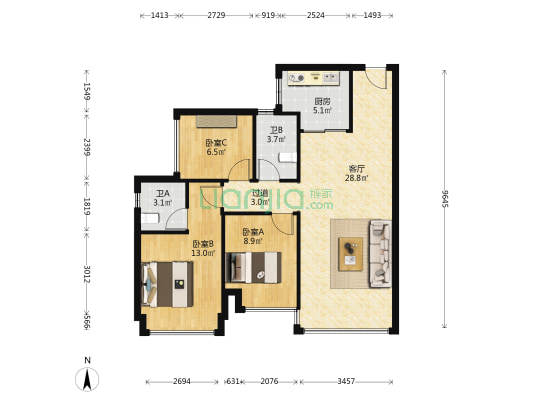 二期御景佳园 3室1厅2卫 89平方