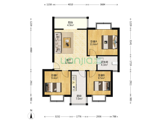 昊华家园 3室1厅1卫 80平方