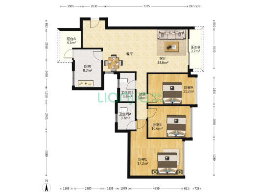 凯旋门 3室1厅2卫 131平方