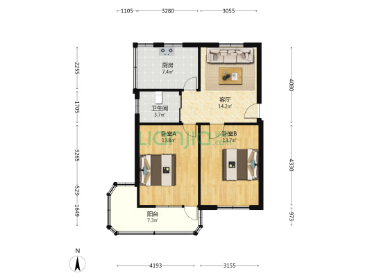 平安路1号 2室1厅1卫 71平方