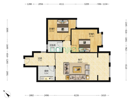 三强馨园 2室1厅1卫 92平方