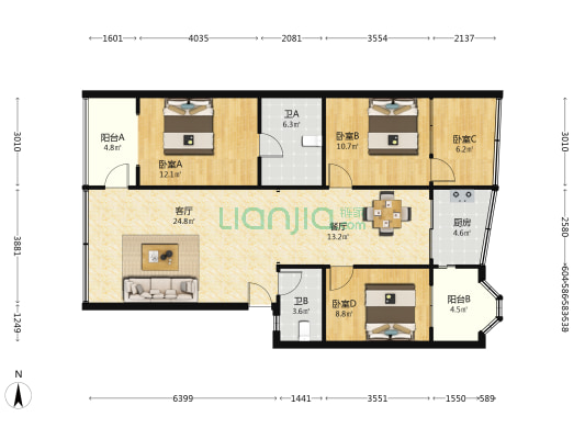 得利家园 4室2厅2卫 117平方