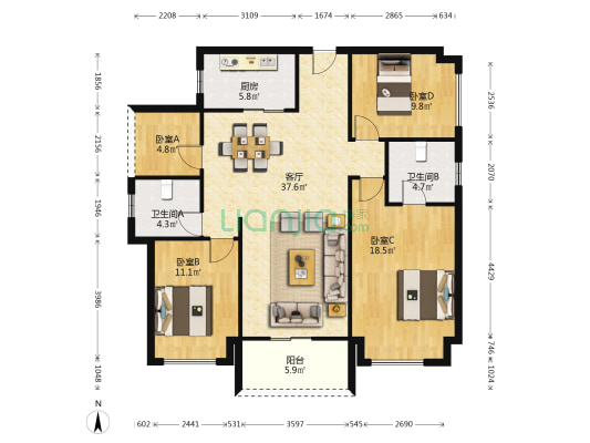 新城鹿江风华 4室1厅2卫 119平方