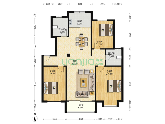 锦程花园 3室1厅2卫 144平方